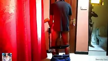 Cuckold hubby jerking by watching his wife sucking cock of hotel cleaner