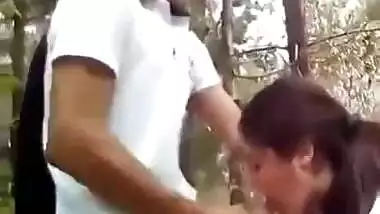 Desi school girl blowjob in the middle of the jungle